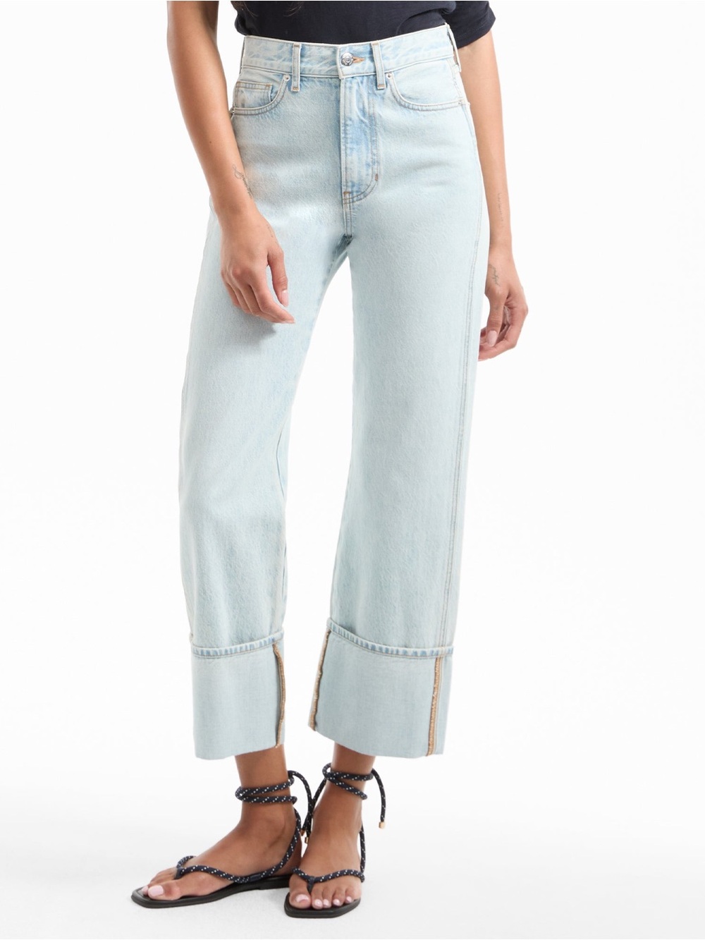 Veronica Beard "Dylan"
Cuffed High-Rise Straight-Leg Jeans in Pale Stone
